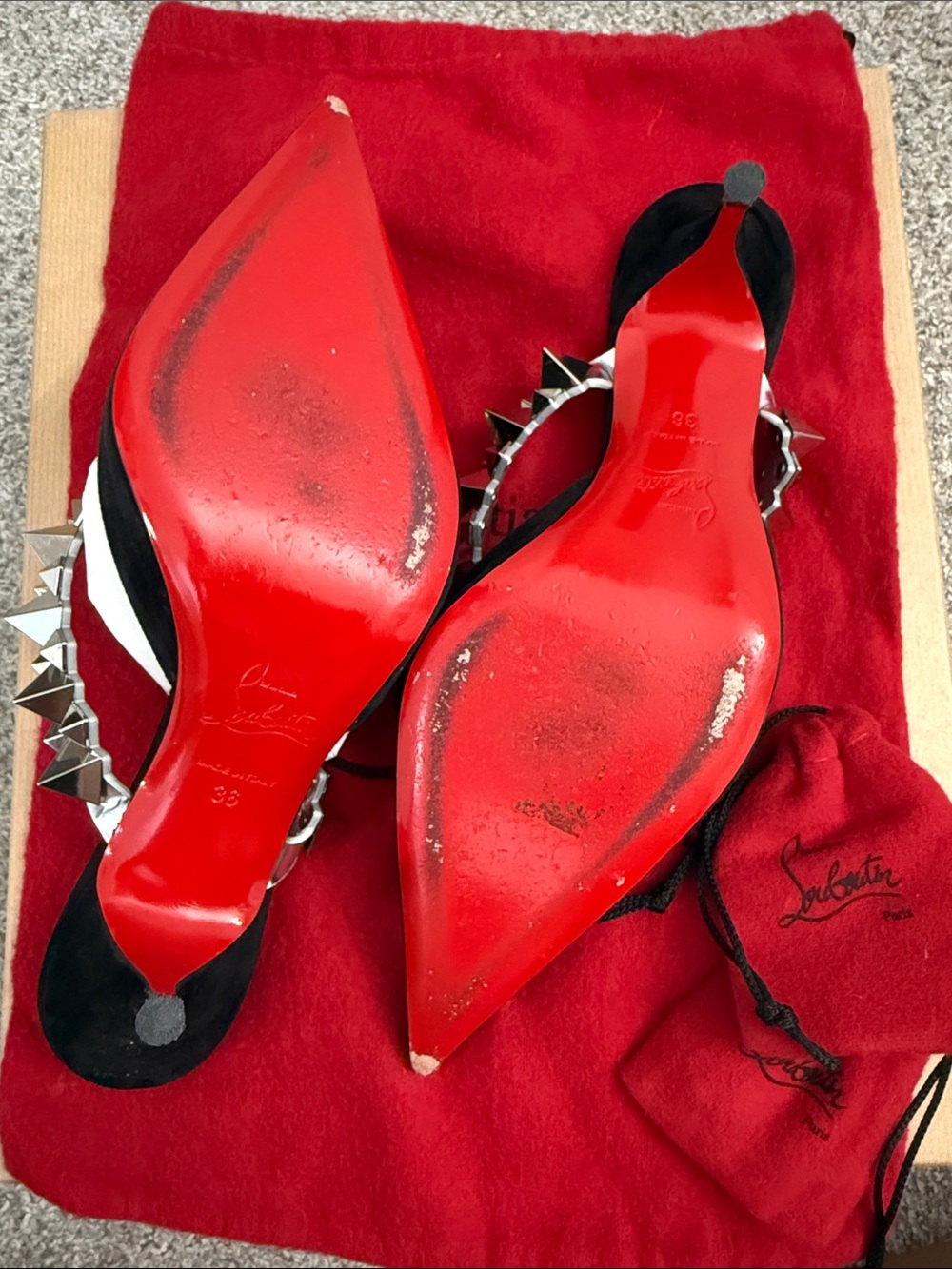 Christian Louboutin Planet Choc 80mm Black Suede Pointed Mule w Silver Studs - Picture 3 of 4
